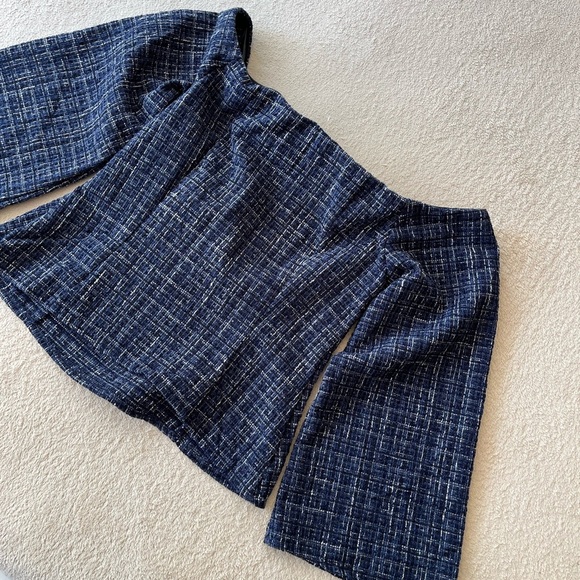 NWT Zara Navy Blue Tweed Off-Shoulder Flare Sleeve Top XS - Picture 11 of 14